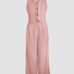 Women's Two Piece Outfits Faux Two Piece Sleeveless Crop Top and High Waisted Wide Leg Pants Elegant Matching Suit