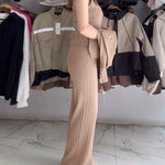 3 Pcs Outfits V Neck Long Sleeve Knit Coat with Metal Button Detail Tank Top Casual Long Pants Knit Sets