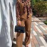 2 Pieces Outfit Leopard Print Spliced Tie Neck Long Sleeve Double Breasted Front Flap Detail Top and Zipper Fly Wide Leg Pants Set Casual Commuting Set