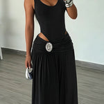 Women's 2 Piece Outfits Sleeveless Slim Fit Bodysuit and Rhinestone High Waist Ruched Wide Leg Pants Set