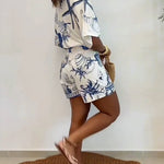 Starfish & Seashell Print Overlap V Neck Half Sleeve Wrap Knot Side Romper Casual Stretchy Back Waist Vacation Romper