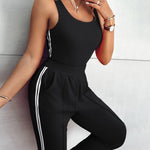 3 Pieces Outfit Snap Buttons Front Coat and Elastic Waist Seam Front Stretchy Cuffs Pants Set with Tank Top Casual Contrast Side Striped Tracksuit
