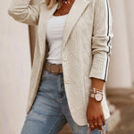 Women's Casual Knit Blazer Argyle Cable Jacquard Contrast Side Striped Coat Loose Fit Single Breasted Blazer