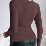 Built In Bra U Neck Tee High Stretchy Knit T-Shirt Long Sleeve Top