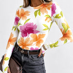 Women's Floral Print Long Sleeve Top Slim Fit Tee with Thumb Holes