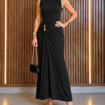 Women's Sleeveless Gold Buckle Ruched Maxi Evening Dress