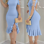 Cold Shoulder Beaded Slit Bodycon Dress Ruffle Hem Zipper Back Party Dress