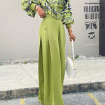 2 Pieces Outfit Abstract Print Cowl Neck Lantern Sleeve Stretchy Hem Crop Top and Casual Zipper Side Ruched Wide Leg Pants Set