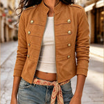 Women's Suede Crop Bomber Jacket Casual Stand Collar Double Breasted Gold Button Coat