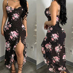 Women's Floral Cowl Neck Cami Midi Dress Casual Rhinestone Mesh Vacation Dress Slit Ruffle Hem Sundress