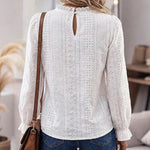 Women's French Style Eyelet Embroidery Blouse Elegant Frill Hem Stand Collar Puff Sleeve Top Lace Patchwork Shirt