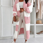 Women's Checkerboard Knit Cardigan Oversized Long Chunky Sweater Loose Lantern Sleeve Coat with Pockets