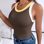 Women's Contrast Trim Ribbed Tank Top Slim Fit Sleeveless Round Neck Basic Camisole for Streetwear & Layering