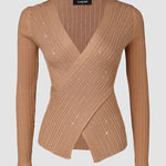 Rhinestone Decor Overlap V Neck Long Sleeve Knit Sweater Asymmetrical Hem Slim Fit Textured Pullover Top