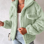 Textured Striped Turn-down Collar Button Front Elastic Cuff and Hem Teddy Fleece Jacket With Decorative Flap Pockets