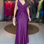 Deep V-Neck Braided Straps Twist Front Cinched Waist Evening Dress Casual Zipper Back Mermaid Hem Satin Maxi Dress