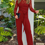 Off Shoulder Long Sleeve Eyelash Lace Spliced Slim Fit Overalls Casual Zipper Back Jumpsuit with Belt