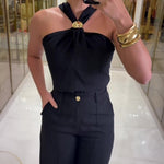 Women's 2 Piece Outfits Halter Neck Ruched Top and Wide Leg Pants Set Elegant Gold Decor Suits