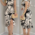 Floral Print Off Shoulder Ruffle Hem Slit Dress Slim Fit Party Dress