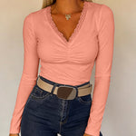 Women's Lace V Neck Ruched T Shirt Slim Fit Long Sleeve Tee Casual Elegant Top