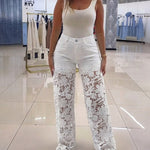 Guipure Lace Spliced High Waist Zipper Fly Wide Leg Washed Jeans