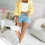 Women's 3D Floral Knit Cardigan Long Sleeve Crochet Sweater Casual Crop Coat