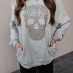 Women's Rhinestone Skull Graphic Loose Sweatshirt Drop Shoulder Crewneck Pullover Top