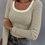 Women's Striped U-Neck Long Sleeve Slim Fit Ribbed Knit Top Casual Layering Top
