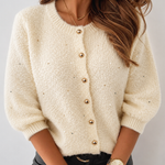 Women's Boucle Knit Cardigan Gold Beaded Puff Sleeve Sweater Crewneck Button Up Elegant Crop Outerwear