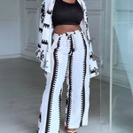 2 Pieces Outfit Open Front Long Sleeve Coat and Drawstring Elastic Waist Wide Leg Pants Set Casual Vintage Baroque Print Loose Fit Set without Tank Top
