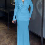 Cowl Neck Ruched Zipper Back Slim Fit Maxi Dress Casual Padded Shoulders Backless Evening Dress