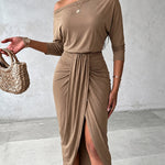 Women's Boat Neck Ruched Wrap Midi Dress Long Sleeve Slit Cocktail Dress