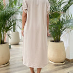 2 Pieces Outfit Turn-down Collar Roll Up Sleeve Button Front Side Slit Mid-length Shirt and Drawstring Elastic Waist Shorts Set Casual Textured Vacation Set
