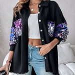 Colorblock Sequin Patchwork Long Sleeve Jacket Top Button Front Raw Hem Shacket