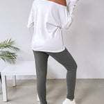 2 Pieces Outfit NOPE. not today Slogan Print Skew Neck Long Sleeve Pullover Top and Casual Drawstring Stretchy Waist Slim Fit Pants Set
