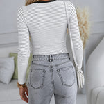 Women's Striped Henley Ribbed Long Sleeve Top Slim Fit Tee
