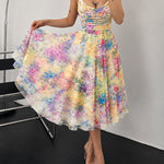 Women's Oil Painting Floral Mesh Midi Dress Sexy Cowl Neck Cami Dress High Waisted Ruched Backless A Line Sundress