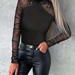 Women's Glitter Sheer Mesh Ruched Long Sleeve Mock Neck Ribbed Bodysuit