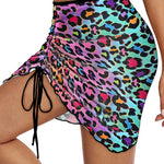 Women's Colorful Leopard Mesh Swim Skirt Side Drawstring Ruched Beach Bodycon Skirt
