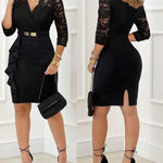 Metal Decor V-Neck Lace Spliced Three Quarters Sleeves Ruffles Design Evening Dress Zipper Back Slit Slim Fit Party Dress with Belt