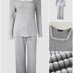 Women's Ribbed Knit Lounge Set Lace Trim Square Neck Long Sleeve Top and Straight Leg Drawstring Pants with Pockets