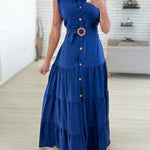 Turn-down Collar Sleeveless Button Front Dress Casual Belted Slit Ruched Maxi Dress