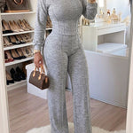 2 Pieces Outfit O-neck Long Sleeve Cinched Waist Sweatshirt and Elastic Waist Wide Leg Pants Set Casual Seam Design Sweatpants Set