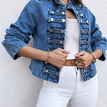Button Decor Stand Collar Long Sleeve Jacket Casual Denim Coat