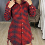 Women's Vintage Plaid Drawstring Long Sleeve Casual Dress Shirred Button Down Shirt Dress