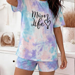 2 Pieces Outfit Letter Print Short Sleeve Top and Elastic Waist Shorts Set Casual Tie Dye Print Pajamas Set with Pockets For Mother's Day