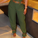 Women's Pockets Design Cargo Pants Casual High Waisted Trousers with Contrast Belt