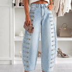 Women's Barrel Jeans High Waisted Side Button Denim Pants Distressed Washed Baggy Trousers Retro Y2K Streetwear