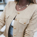 Women's French Style Cropped Jacket Round Neck Gold Button Coat Argyle Cable Jacquard Knit Outerwear
