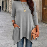 Women's Ribbed Asymmetrical Hem Top Crewneck Three Quarters Sleeve A-Line Casual Top